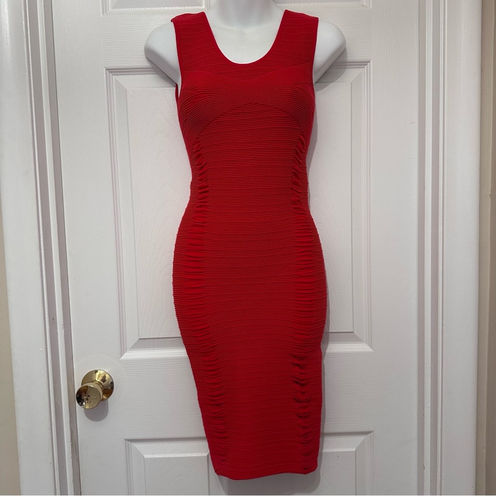 Aura Women's Ruched Bodycon Red Dress S/M Sleeveless Midi Pencil-Style